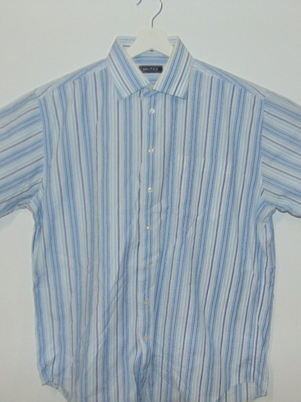 Nautica Men’s 16.5 32/33 Blue Striped Classic Fit Short Sleeve Button Shirt